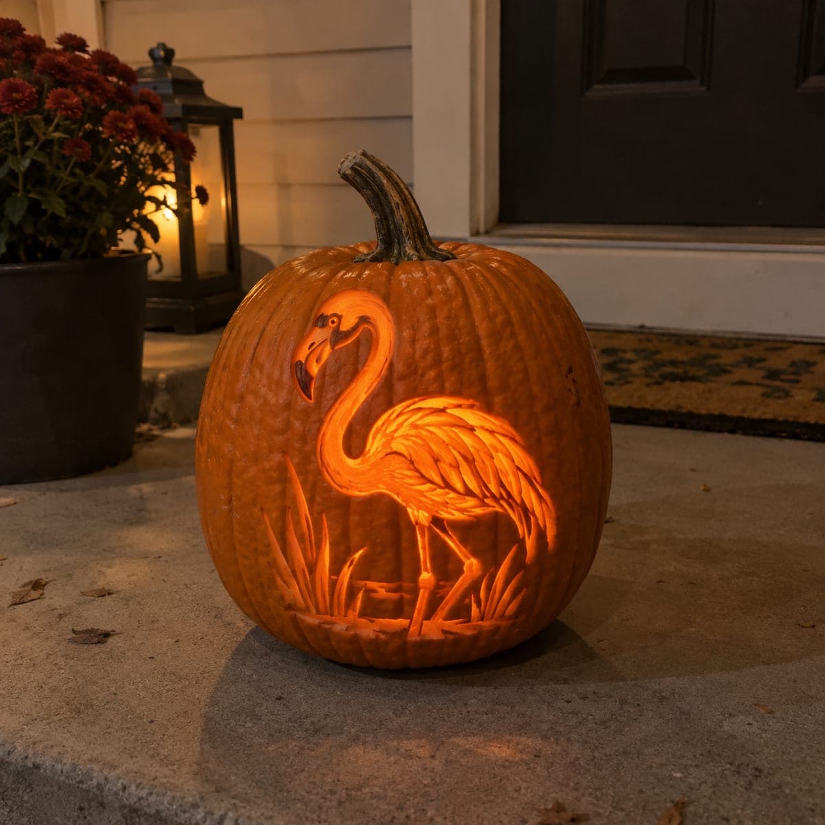 Flamingo Shaded Carving Pumpkin at Night