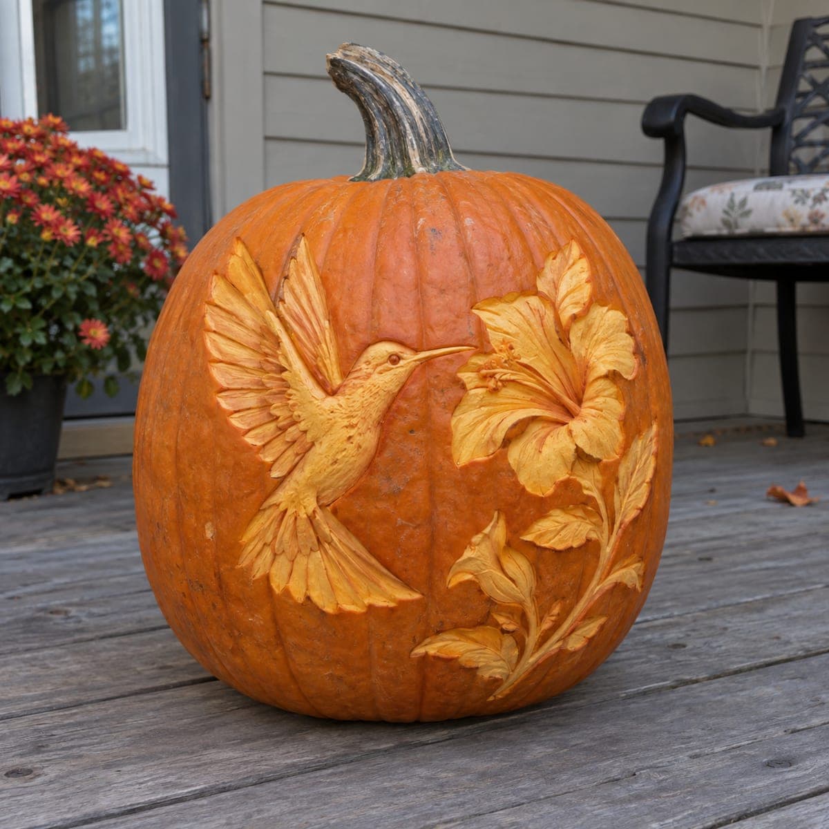 Hummingbird and Hibiscus Flower Shaded Pumpkin