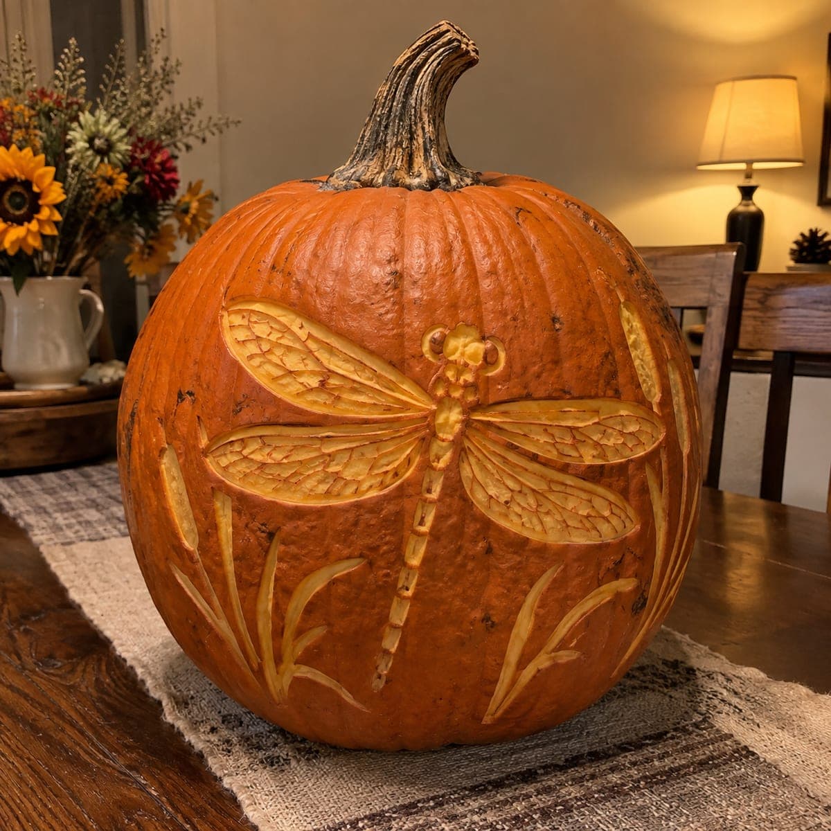 Dragonfly With Reed Grass Shaded Pumpkin