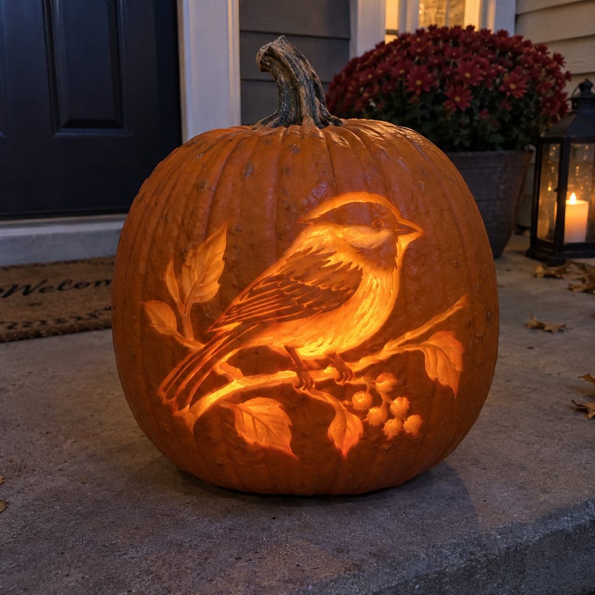 Chickadee on Berry Branch Shaded Pumpkin