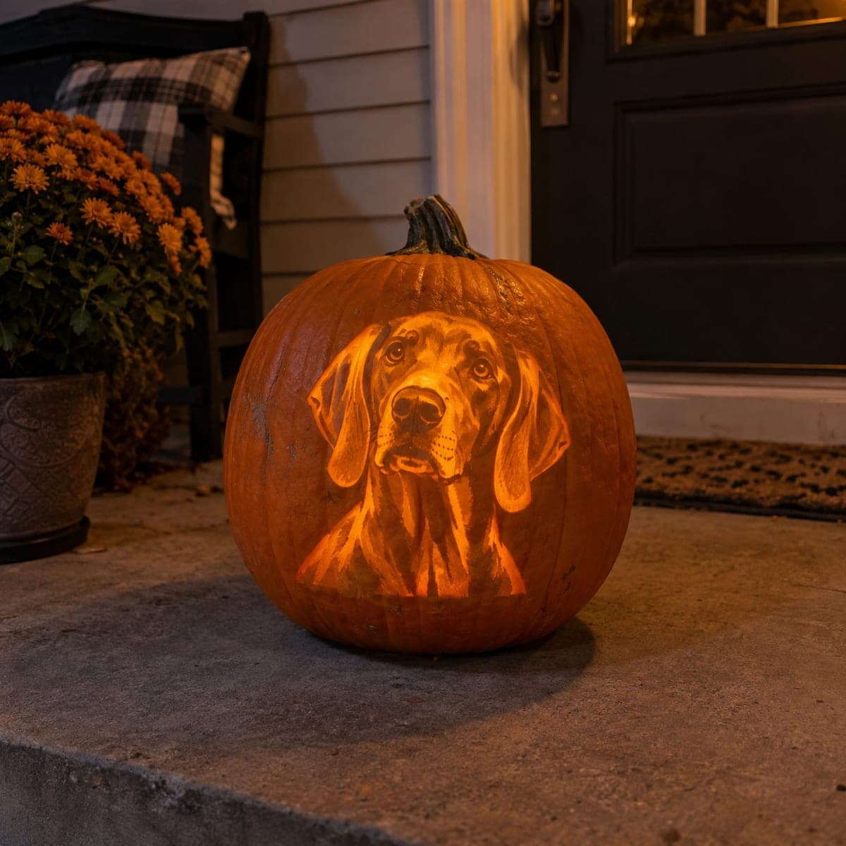 Weimaraner Portrait Shaded Pumpkin on Front Steps