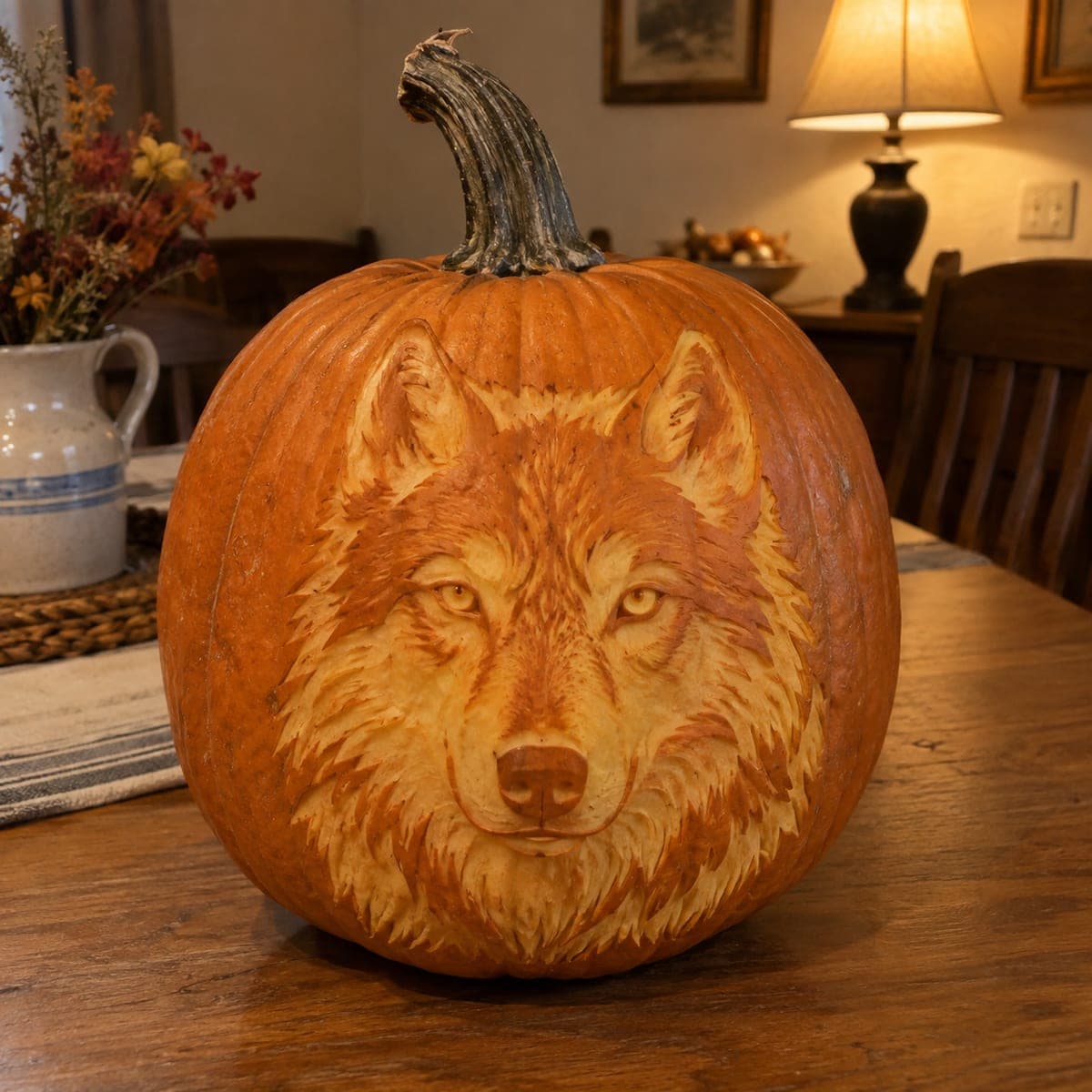 Realistic Wolf Face Etched Pumpkin Portrait