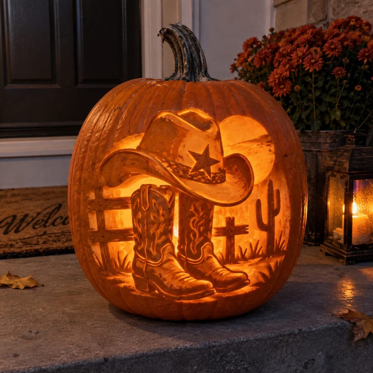 Western Boots and Hat Shaded Pumpkin Scene