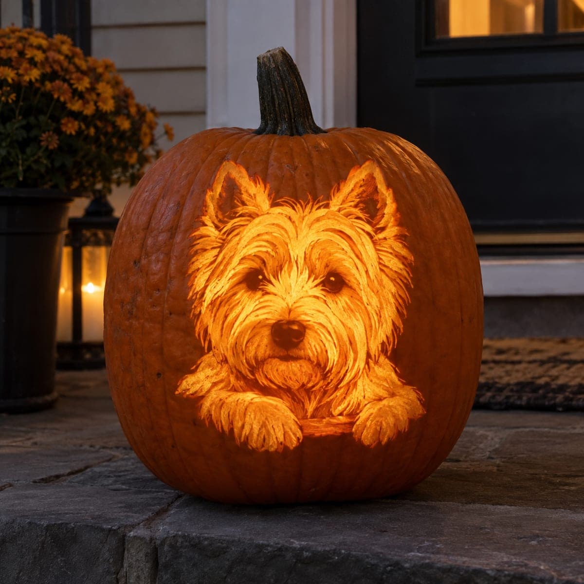 Westie Dog Portrait Shaded Pumpkin on Front Porch