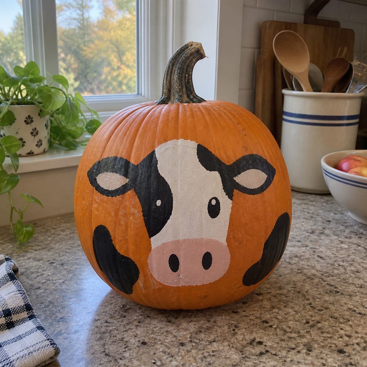 Painted Cow Face No-Carve Pumpkin for Fall Decor