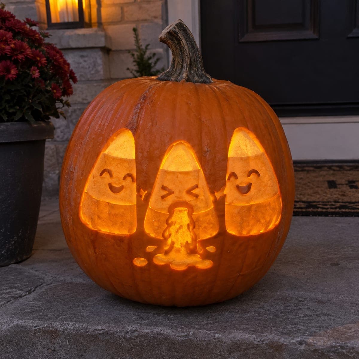 Kawaii Candy Corn Trio Carved Jack-O-Lantern