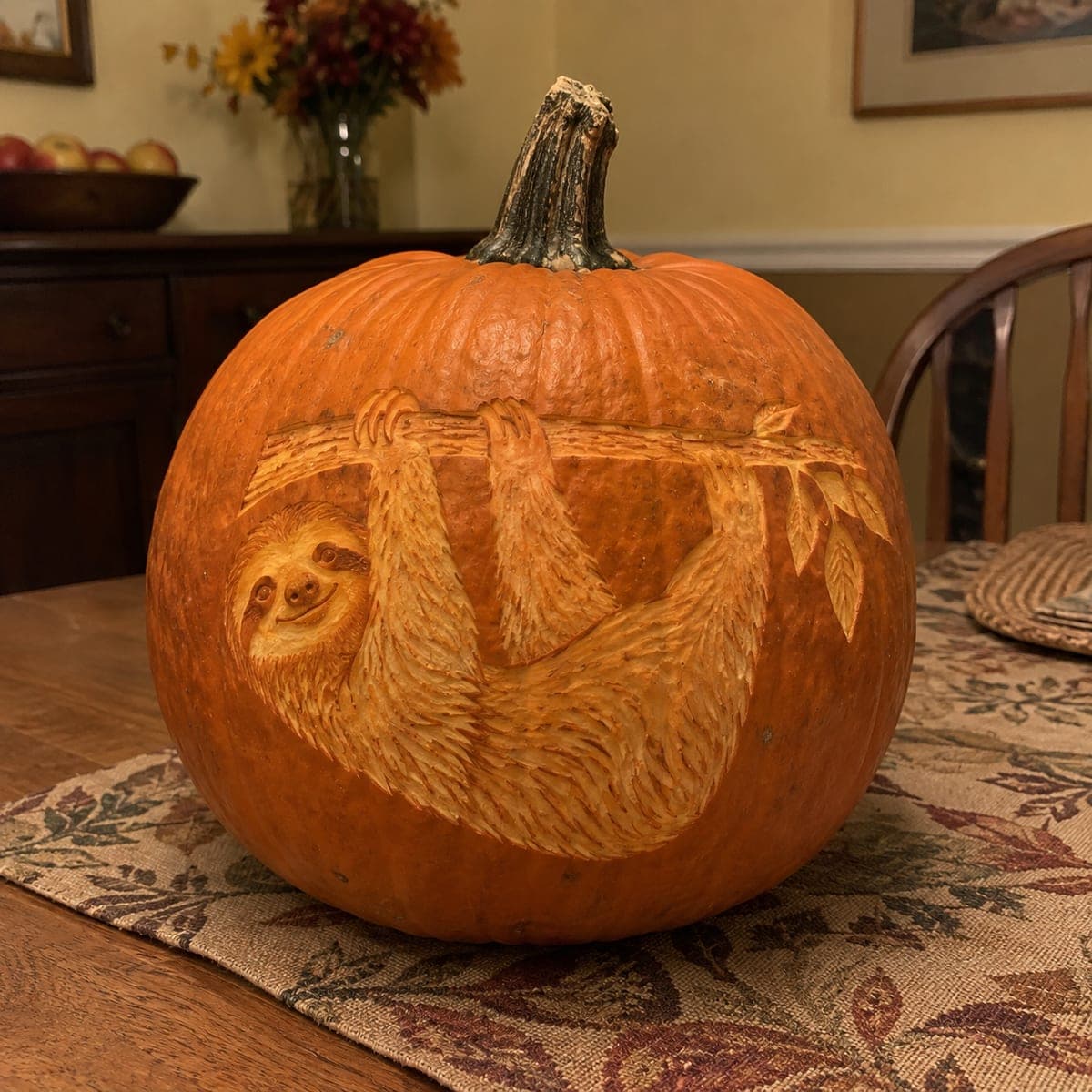 Sloth Hanging from Branch Shaded Pumpkin
