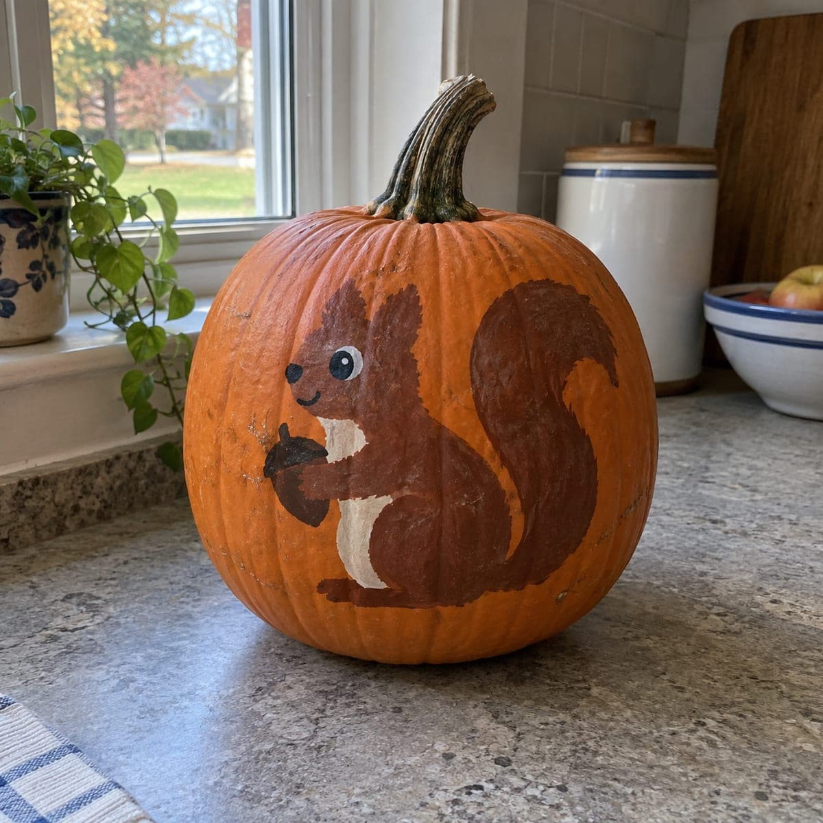 Red Squirrel Holding Acorn Painted Harvest Pumpkin