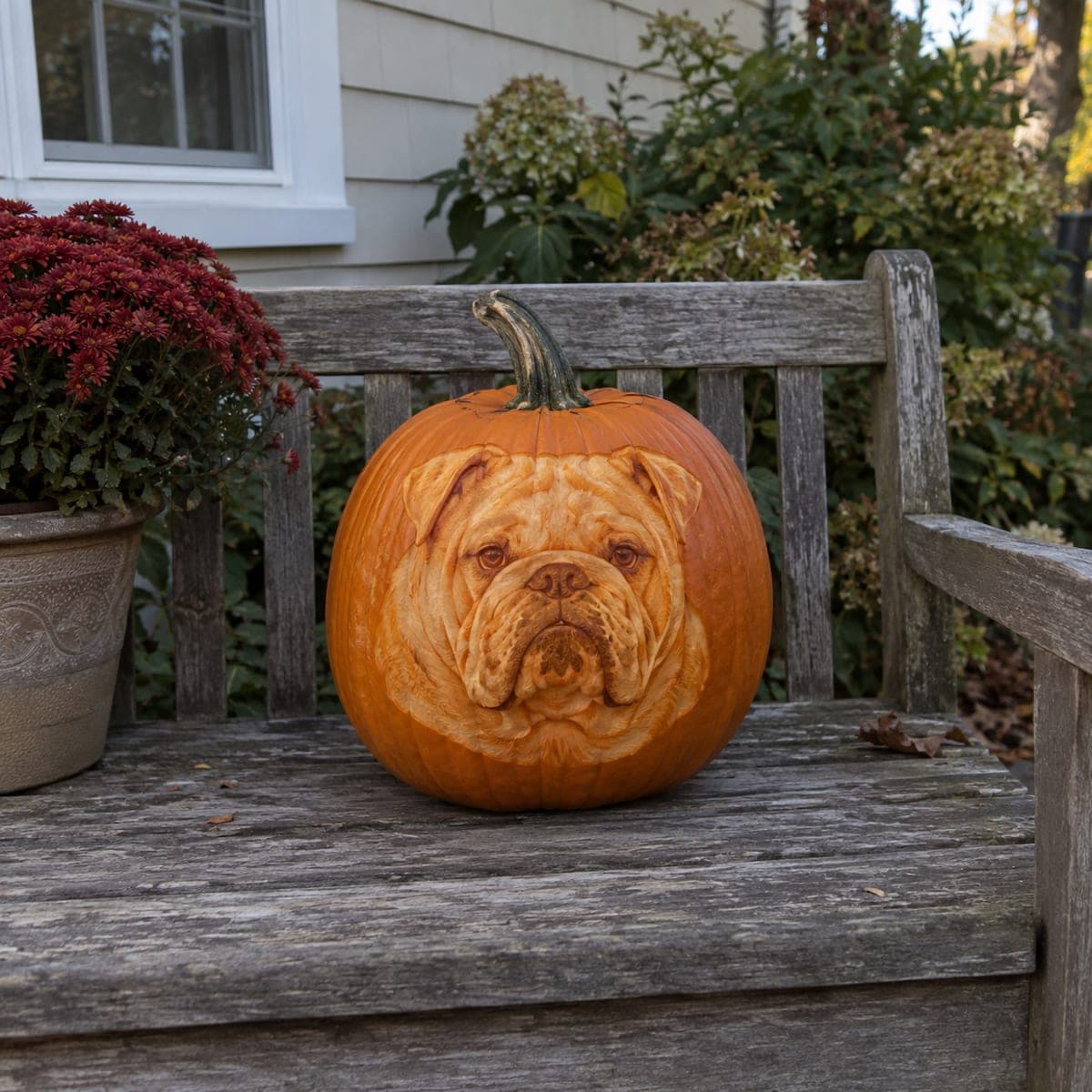 English Bulldog Portrait Shaded Pumpkin on Garden Bench