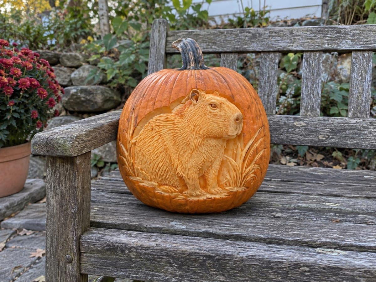 Detailed Capybara Relief Carving on Garden Pumpkin