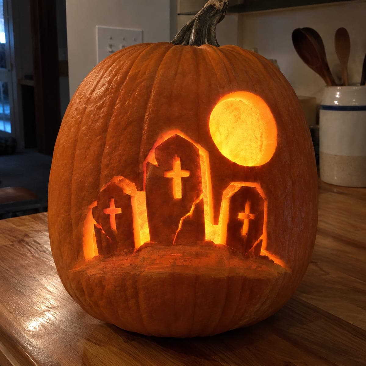 Graveyard Tombstones Jack-O-Lantern with Full Moon