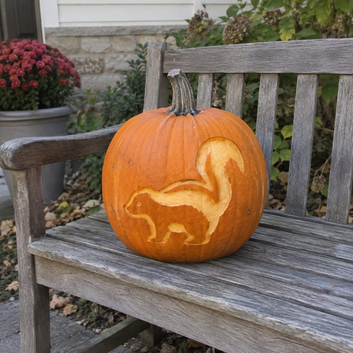 Cute Skunk Silhouette Pumpkin Carving on Garden Bench
