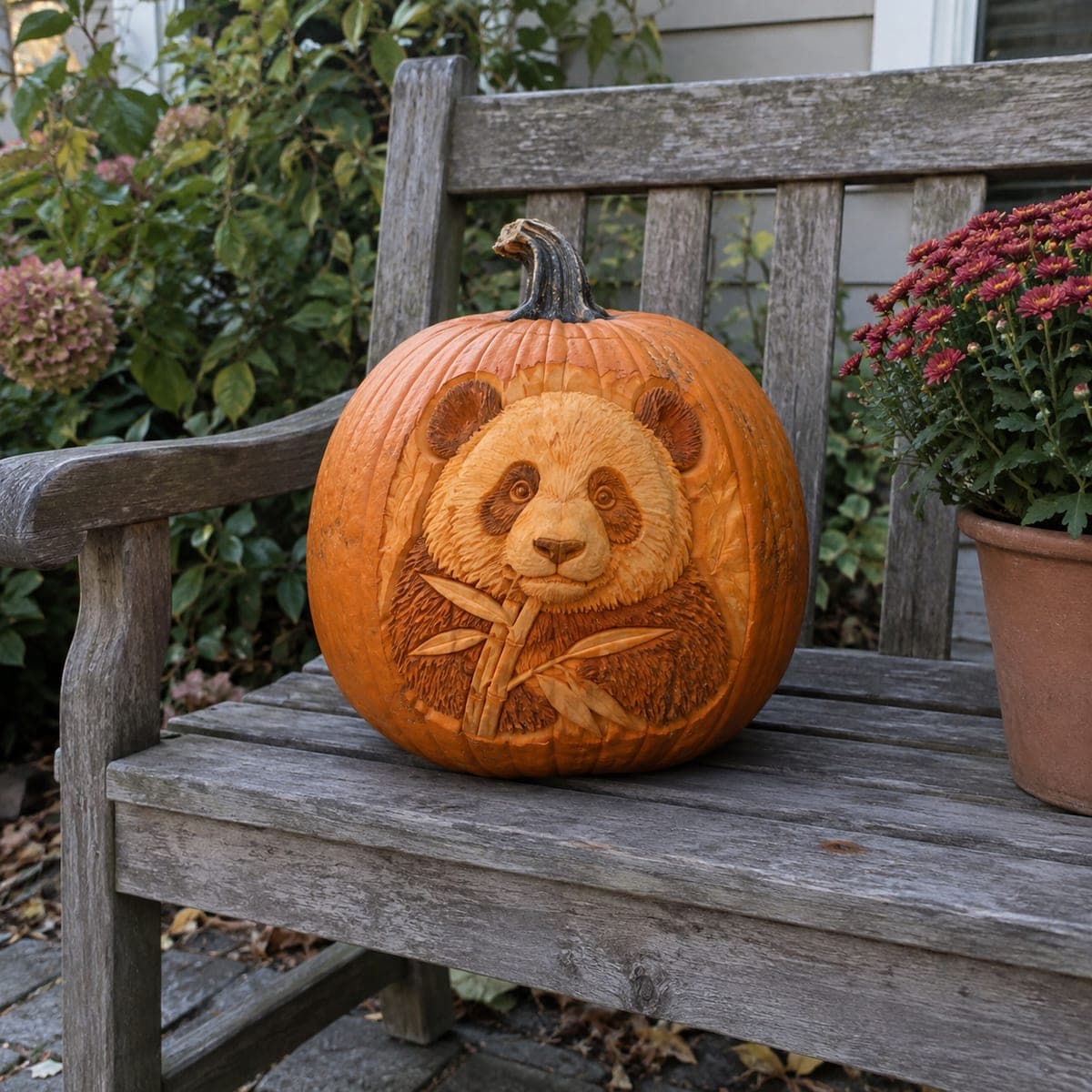 Panda Bear Portrait Pumpkin with Bamboo Detail