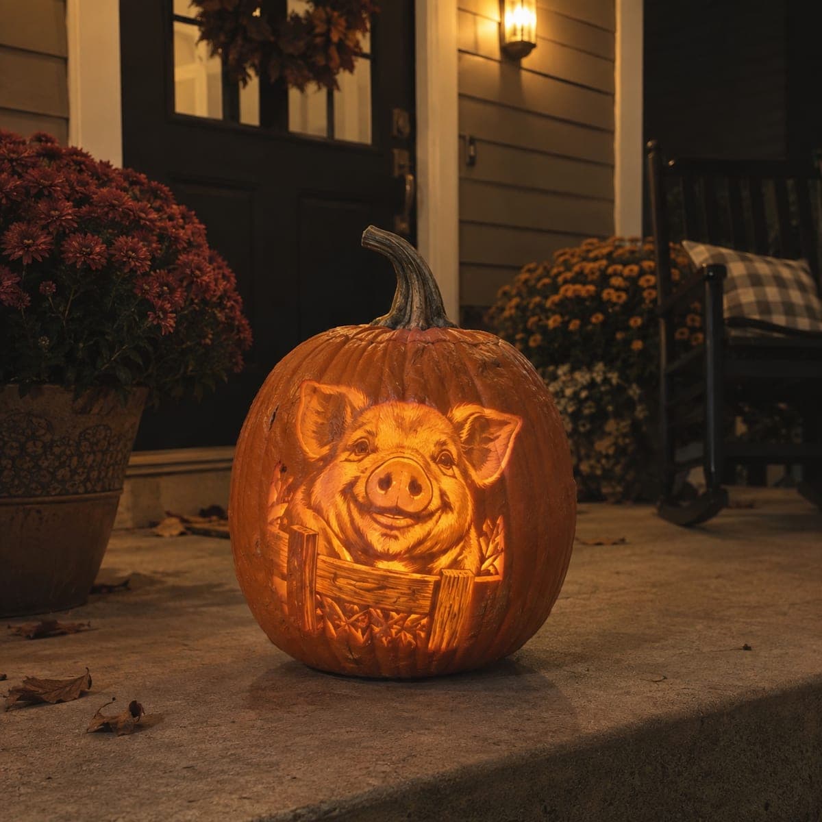Happy Pig Peering Over a Fence Pumpkin
