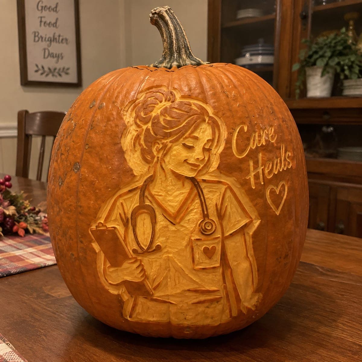 Nurse Portrait Pumpkin Carved with Care Heals