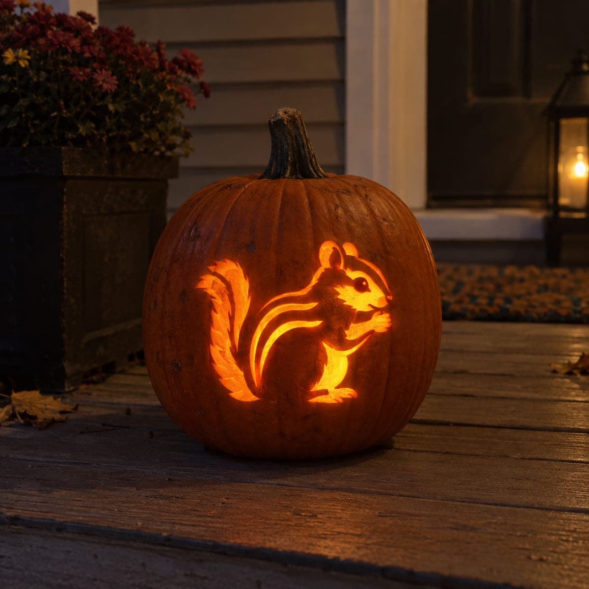 Chipmunk Cutout Pumpkin Glowing on Front Porch