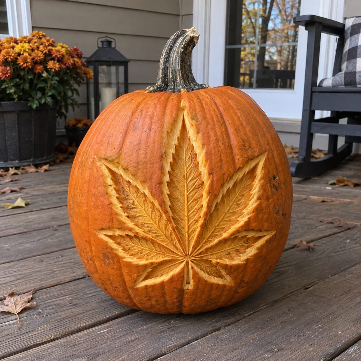 Cannabis Leaf Etched Pumpkin on Autumn Deck