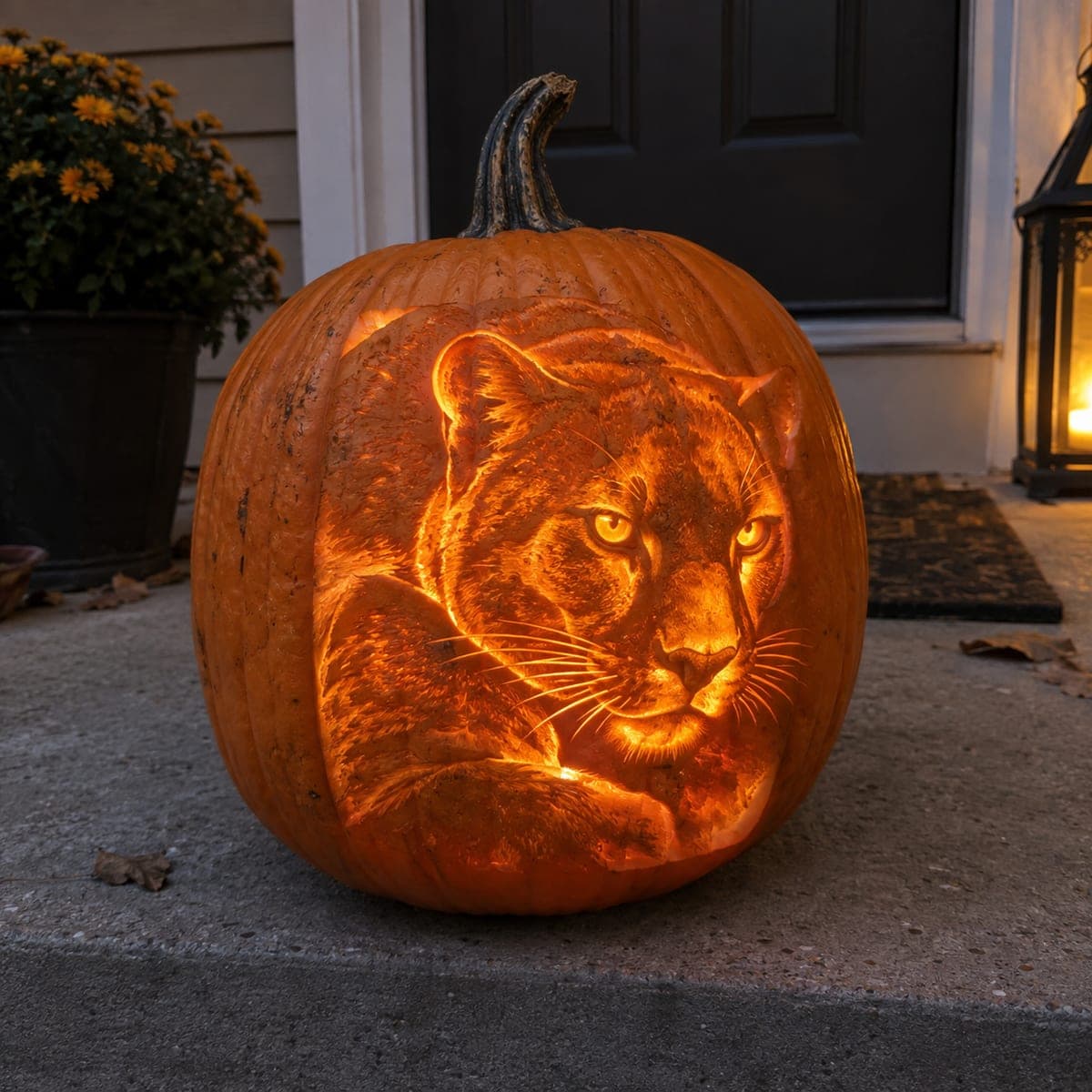Crouching Mountain Lion Shaded Pumpkin at Night
