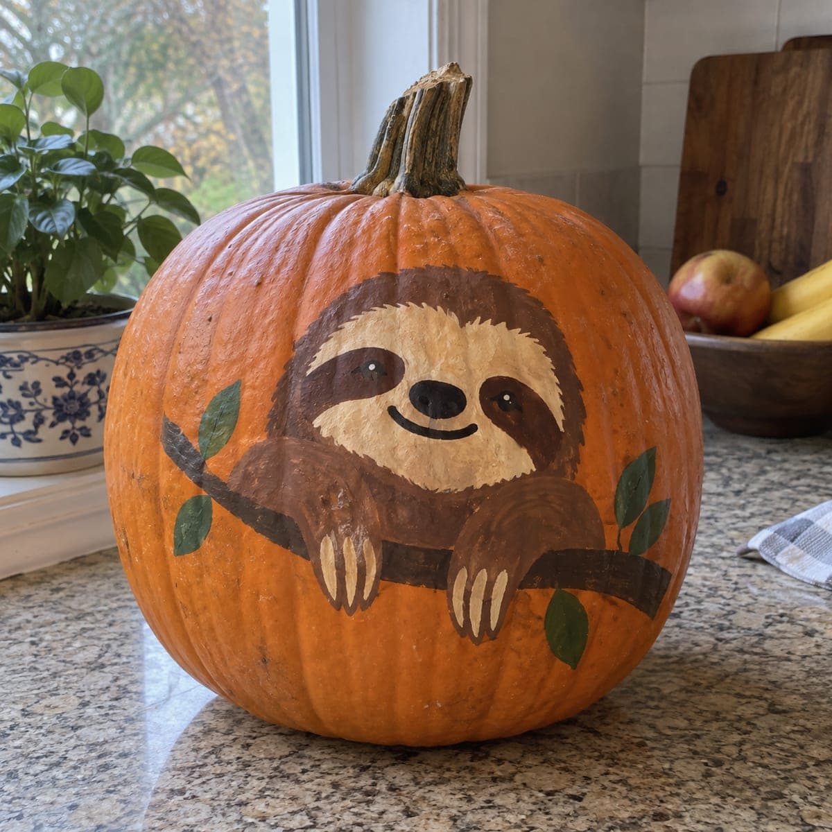 Cute Sloth on a Branch No-Carve Painted Pumpkin