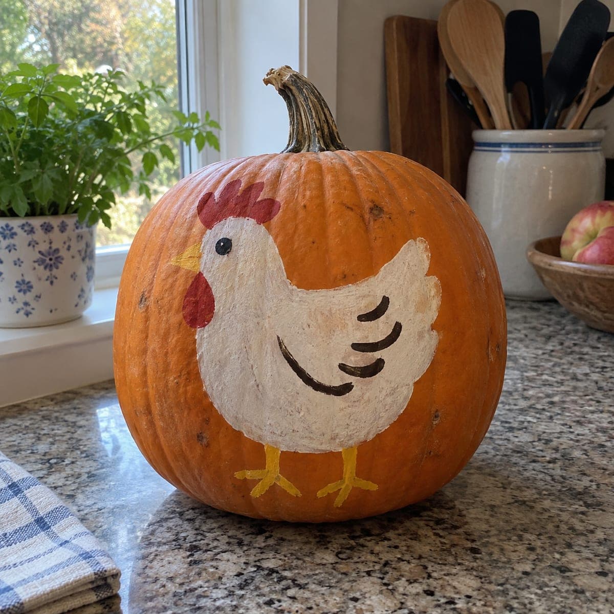 Painted Chicken No-Carve Pumpkin for Farm Decor