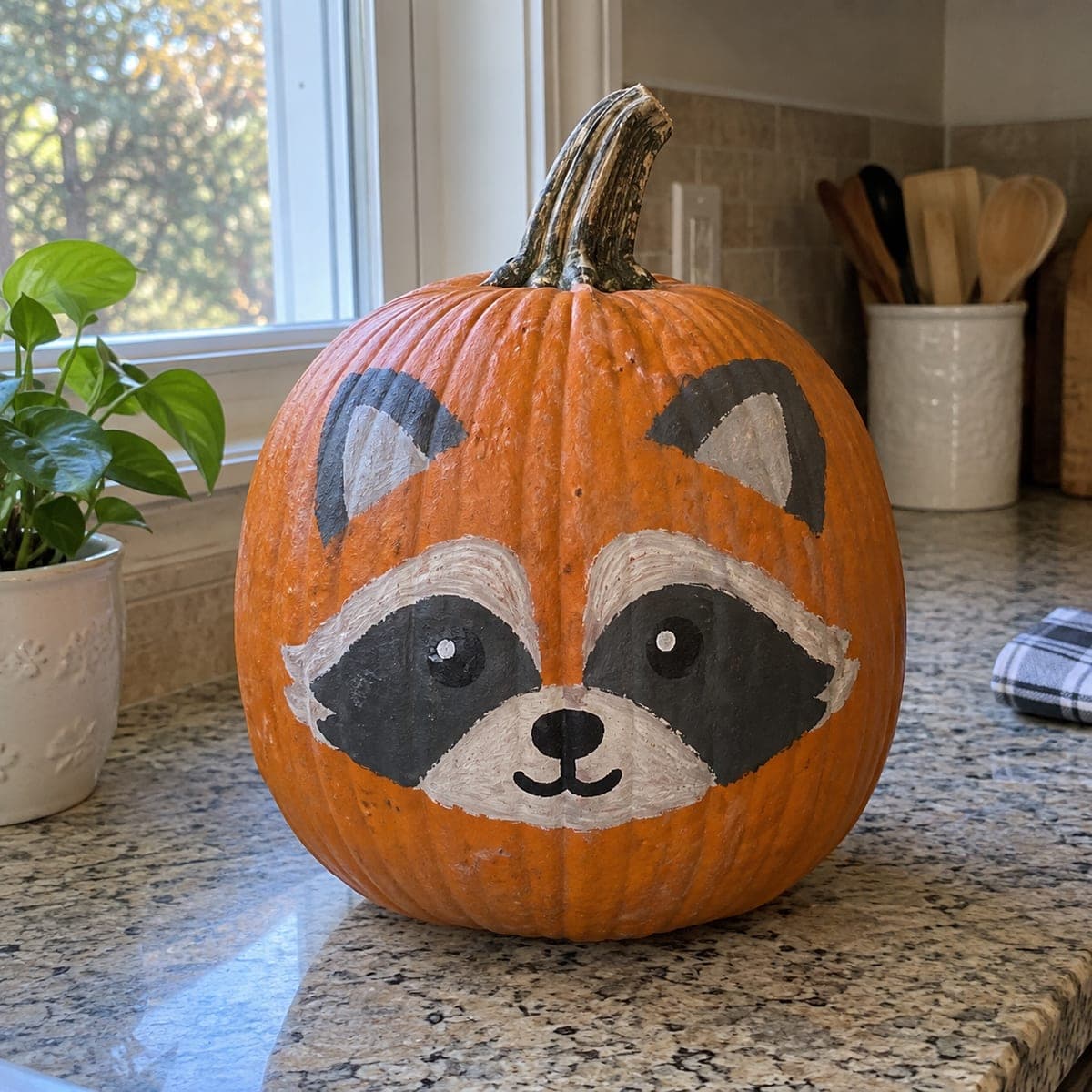 Painted Raccoon Face No-Carve Pumpkin Idea