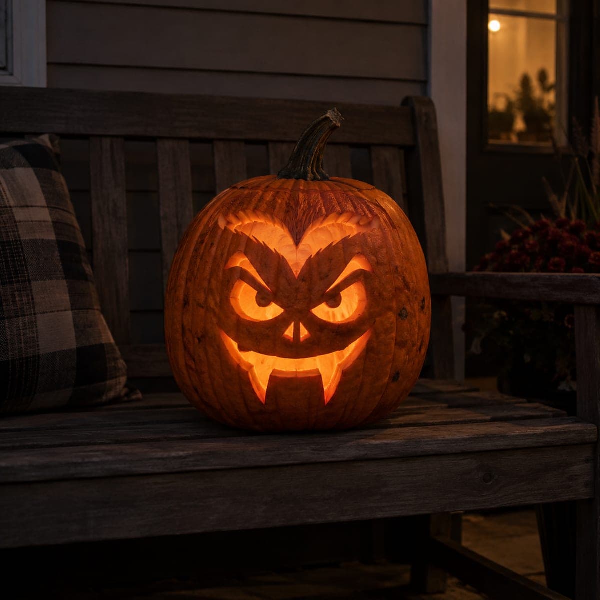Vampire Fangs Angry Jack-O-Lantern Glowing at Night