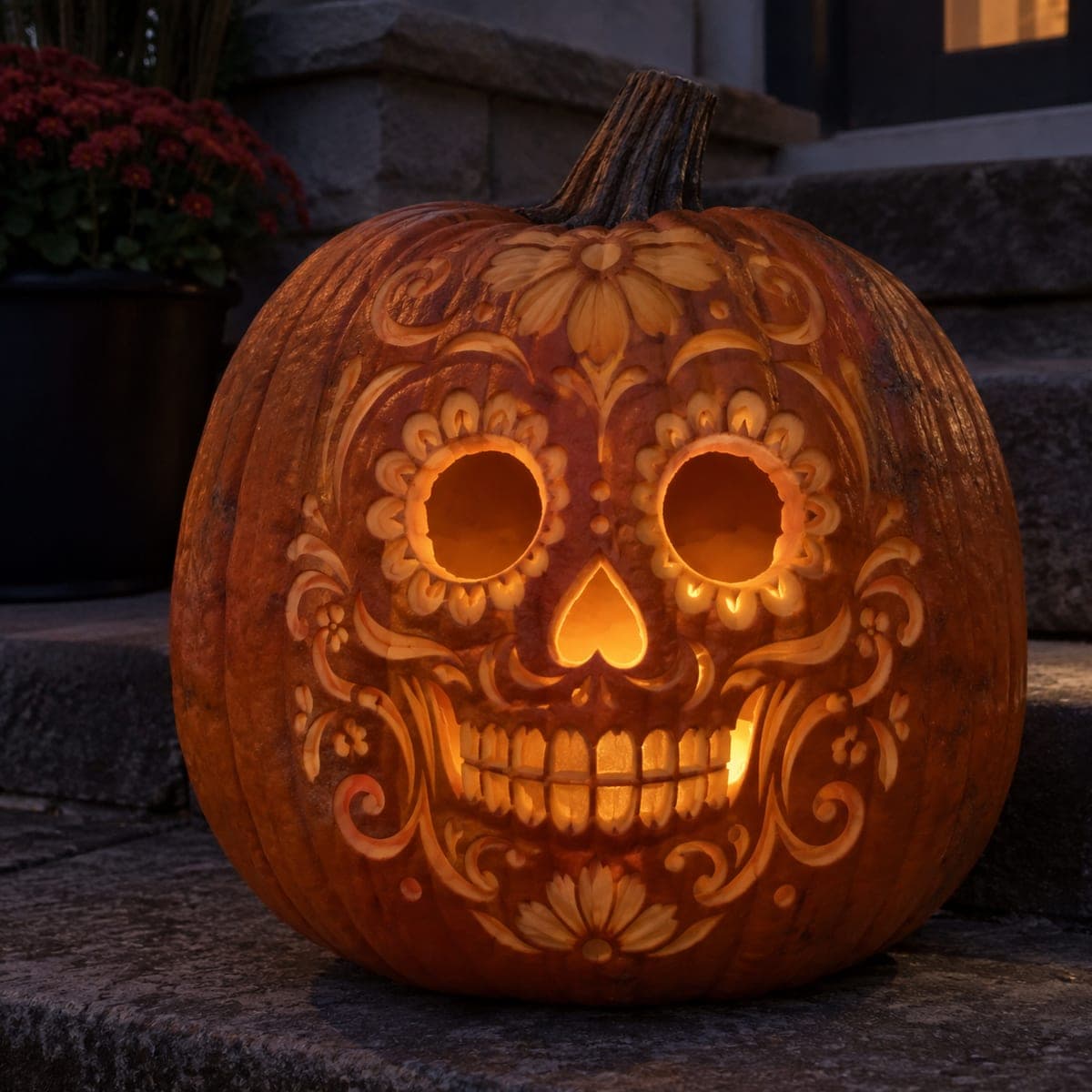 Day of the Dead Sugar Skull Jack-O-Lantern with Florals
