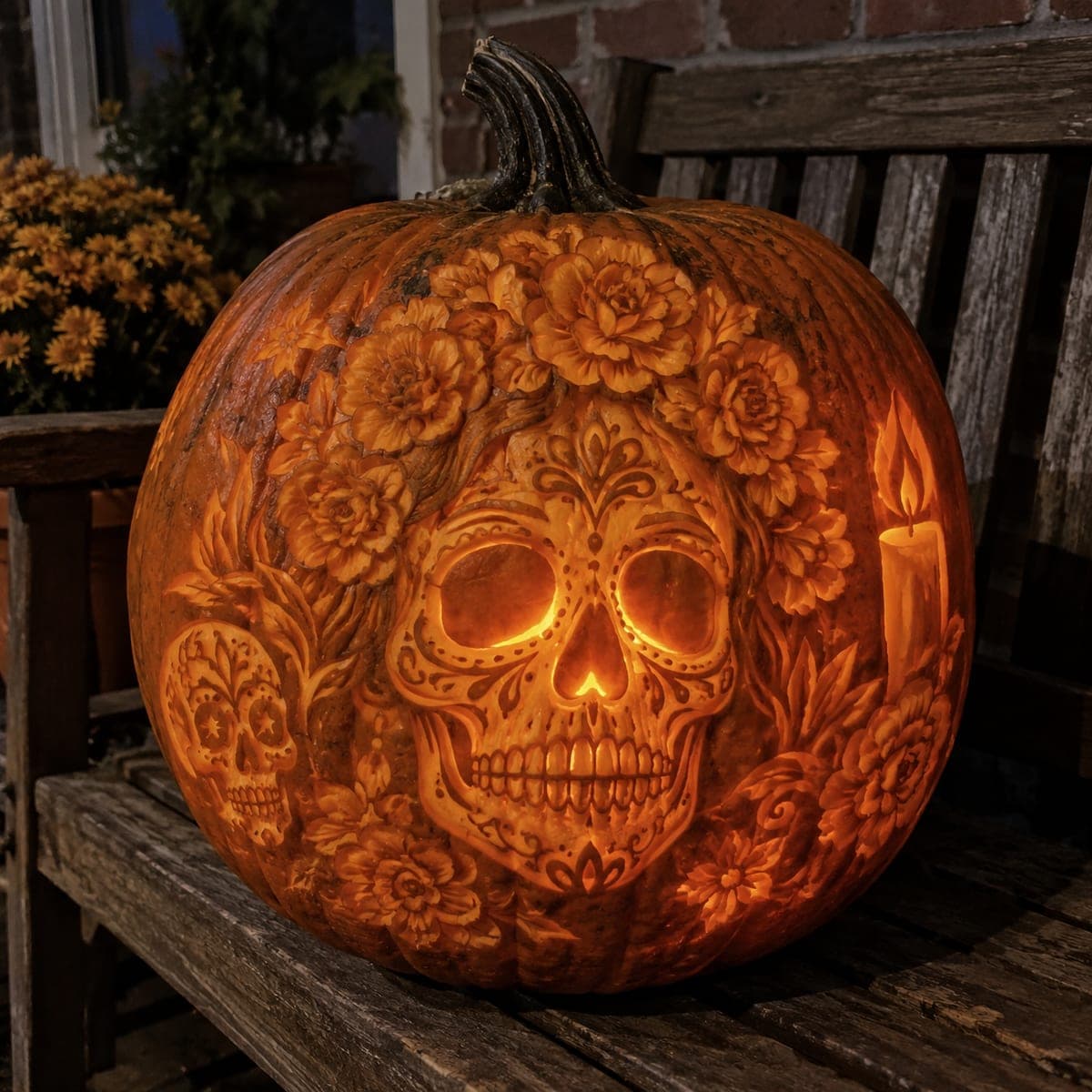 Sugar Skull with Marigold Crown Shaded Pumpkin