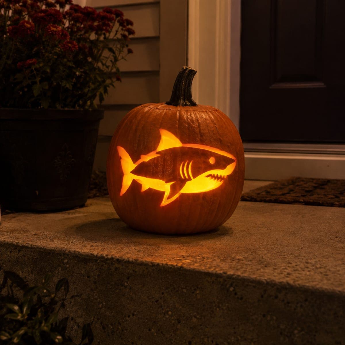 Great White Shark Silhouette Pumpkin on Front Steps