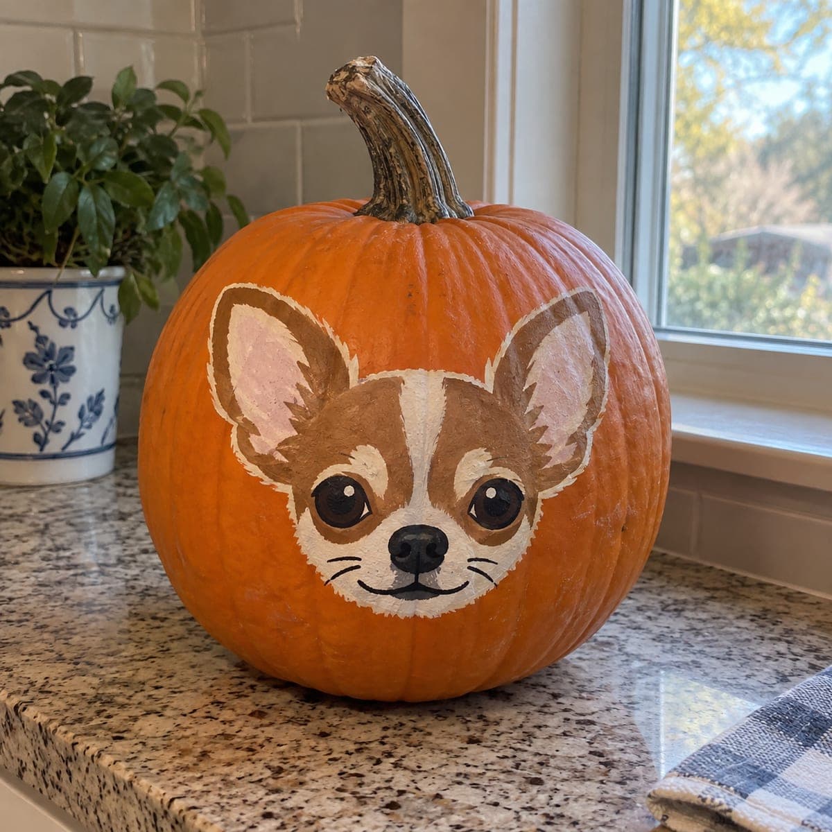 Chihuahua Face No-Carve Painted Pumpkin