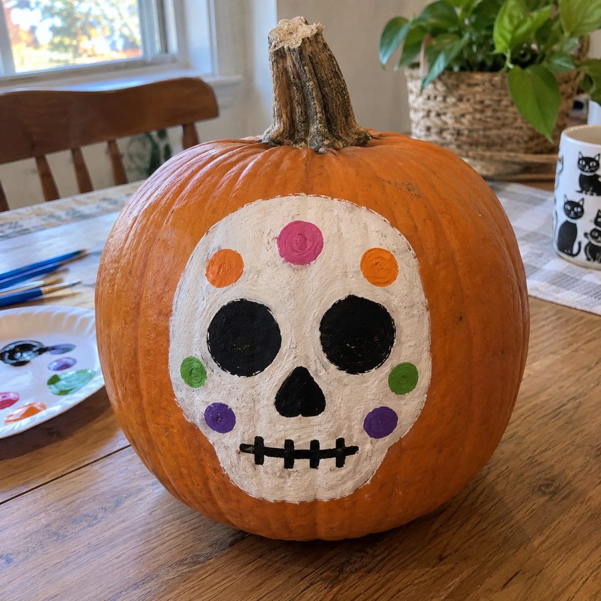 Colorful Painted Sugar Skull No-Carve Pumpkin