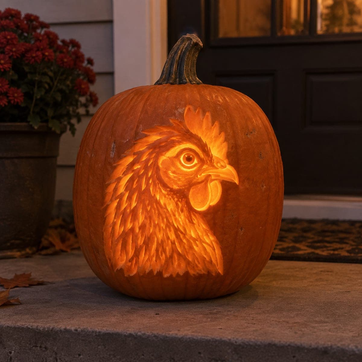 Rooster Portrait Carved Pumpkin with Feather Detail