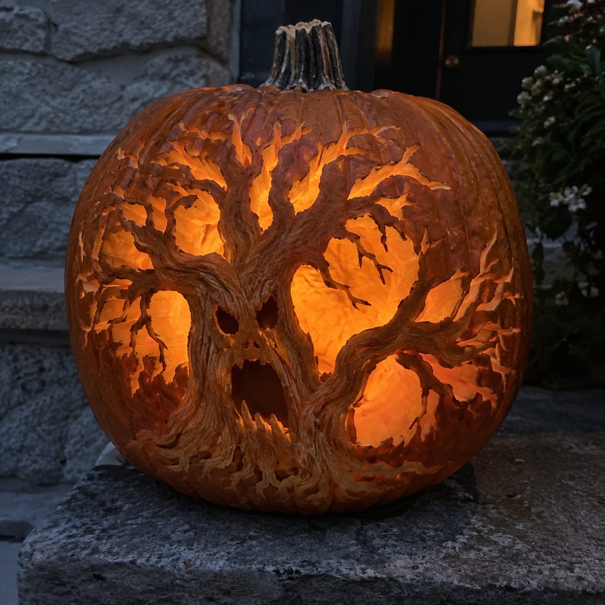 Haunted Tree Face with Glowing Hollow Eyes Pumpkin