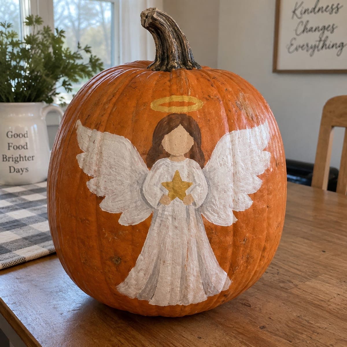 Painted Angel with Golden Star No-Carve Pumpkin