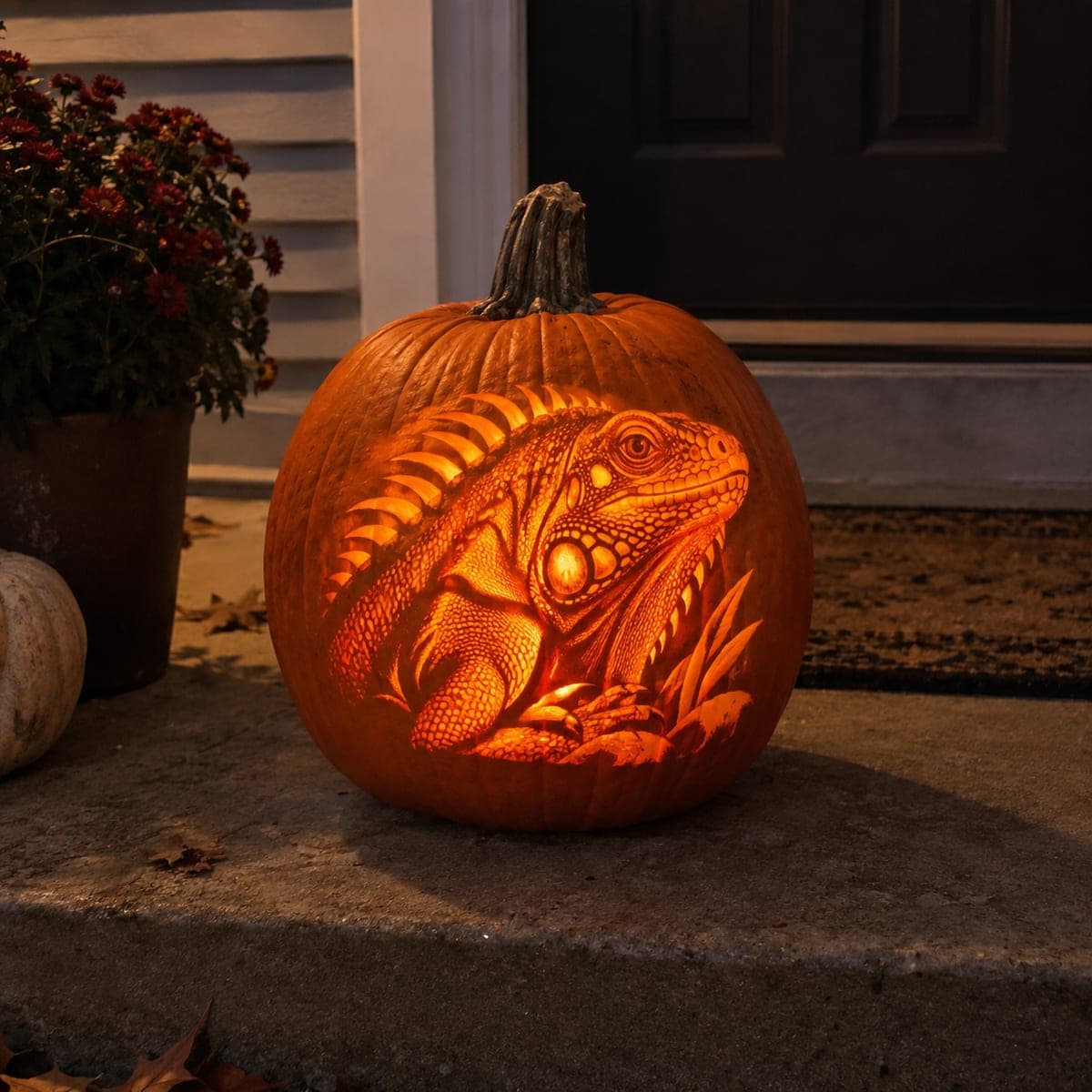 Iguana Portrait Pumpkin Carving with Scale Texture