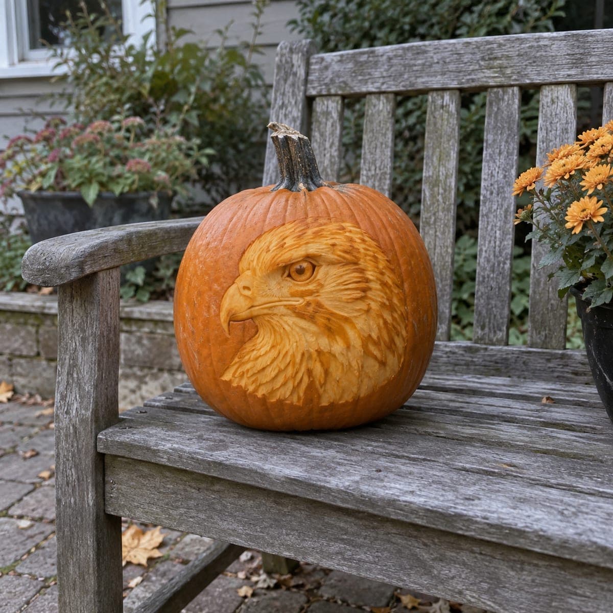 Bald Eagle Portrait Shaded Pumpkin on Garden Bench