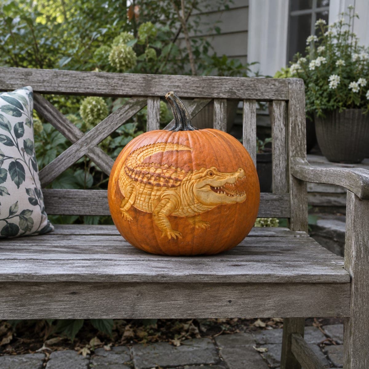 Realistic Alligator Shading Pumpkin on Garden Bench