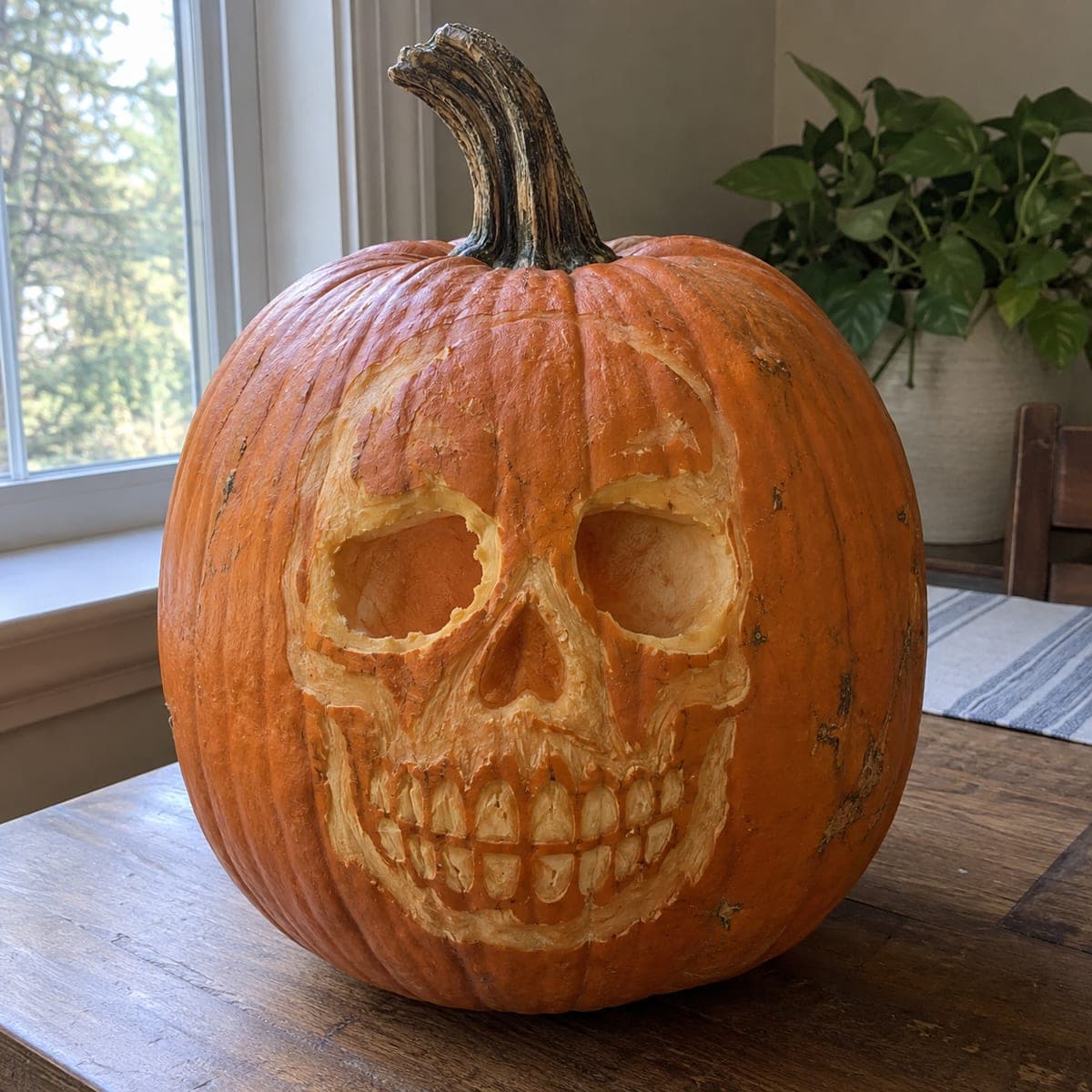 Human Skull Shaded Pumpkin Carving Near Window