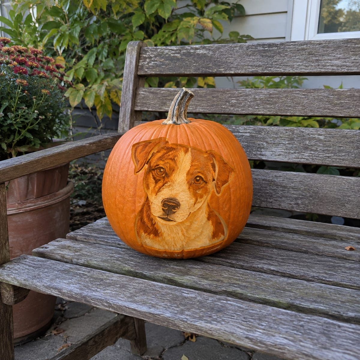 Beagle Mix Dog Portrait Shaded Pumpkin on Bench