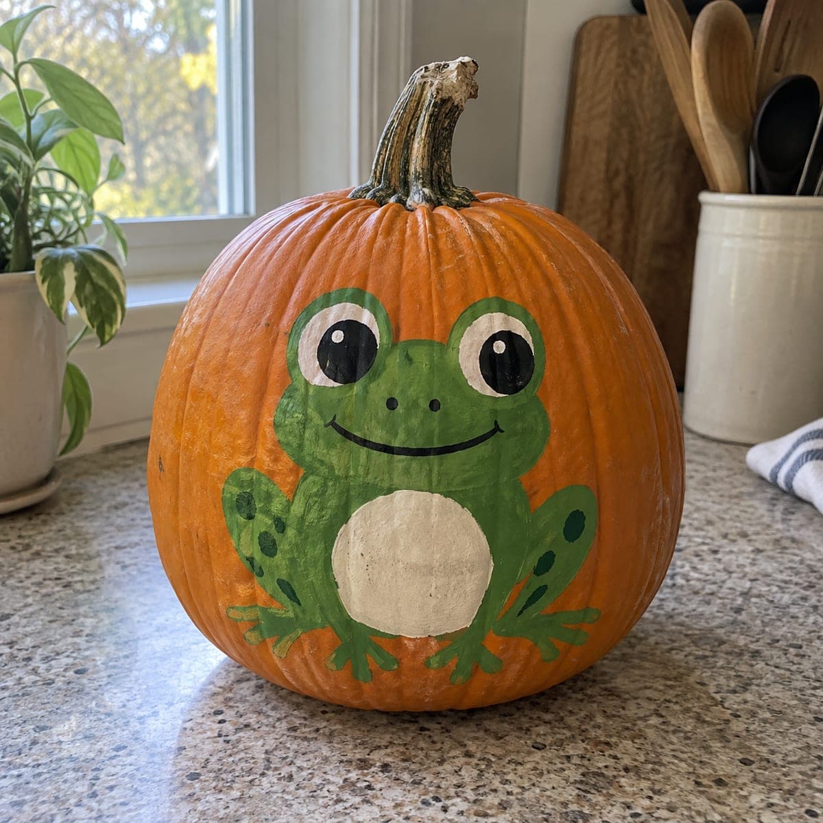 Smiling Green Frog Painted Pumpkin for Kids
