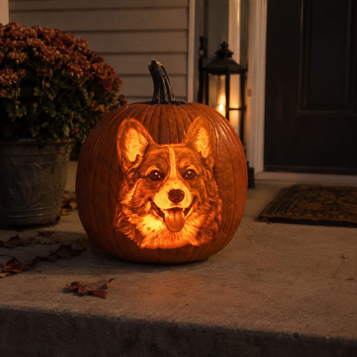 Corgi Face Shaded Pumpkin Carving on Porch Step