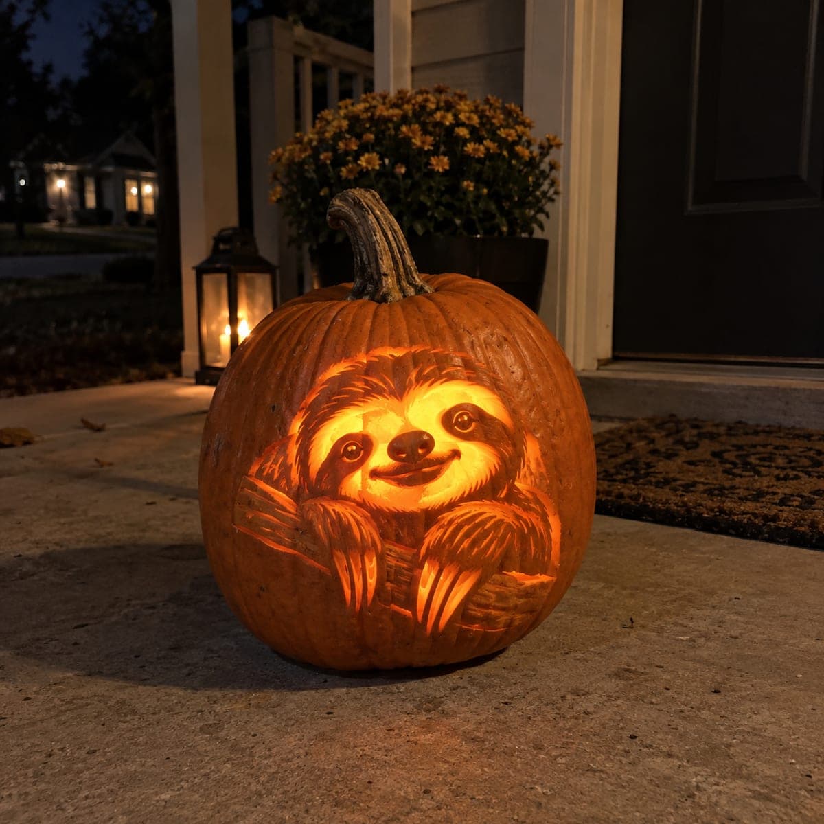 Baby Sloth Hanging from a Branch Shaded Pumpkin