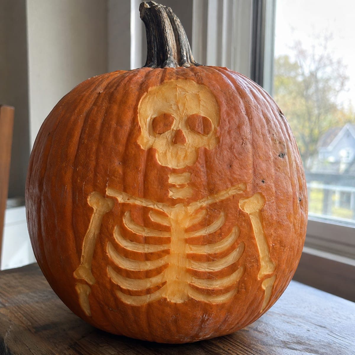 Full Skeleton Shaded Pumpkin Carving Beside Window