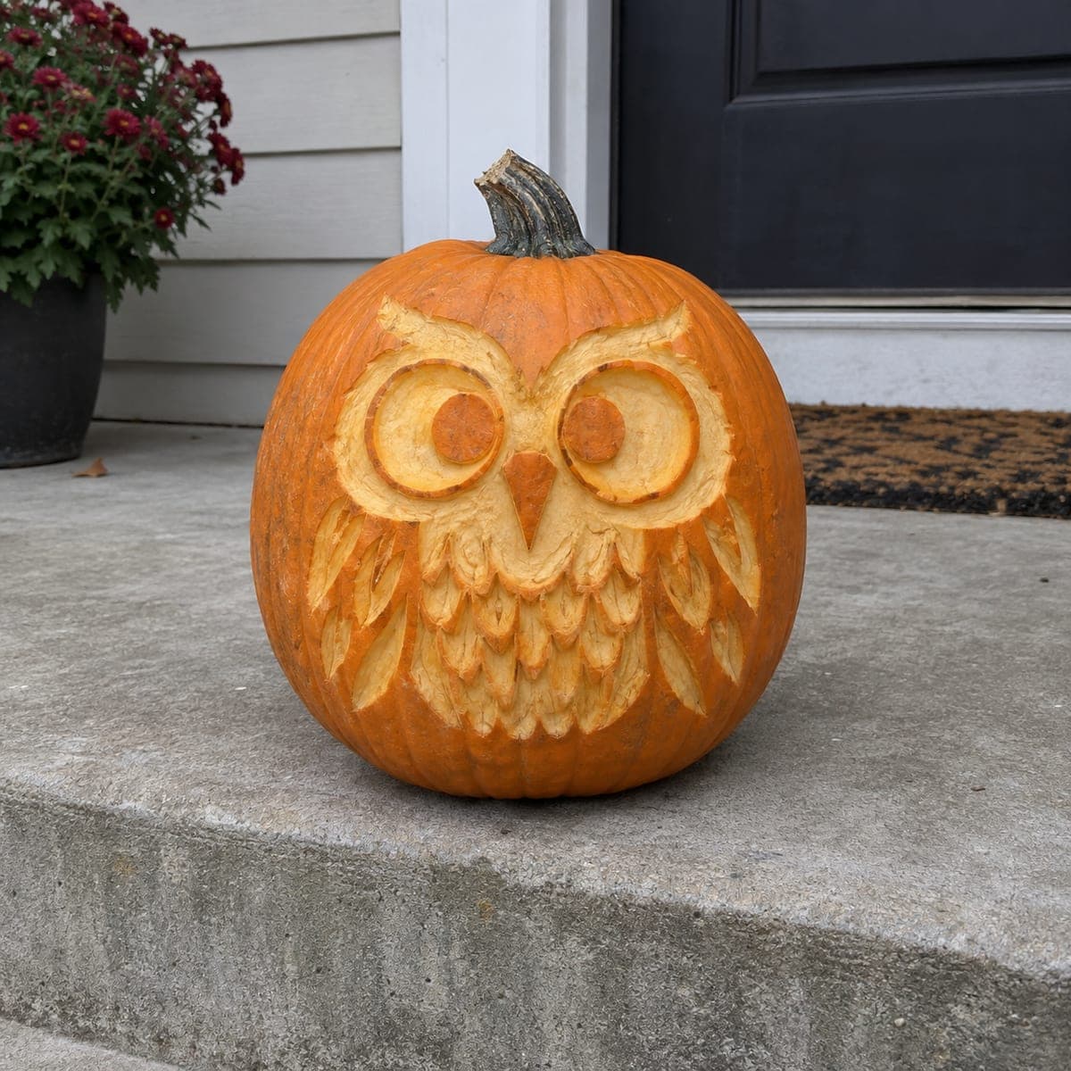 Wide-Eyed Owl Face Shaded Pumpkin on Porch Step