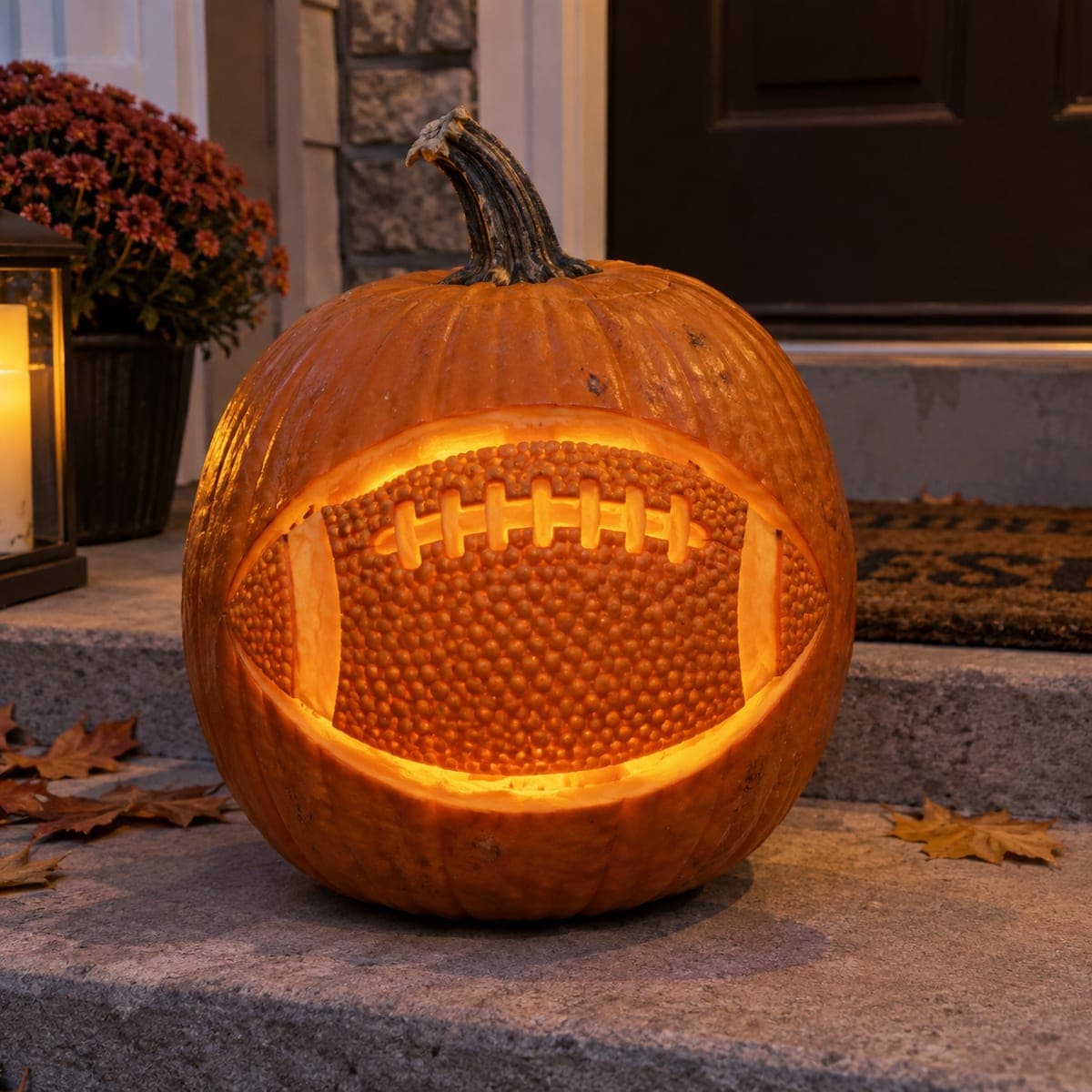 3D Football Carved Inside a Pumpkin Lantern