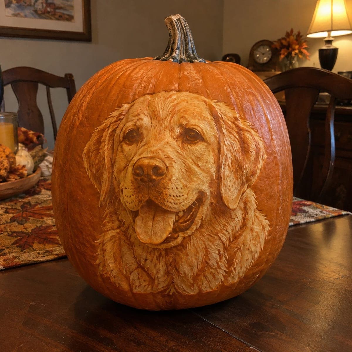 Golden Retriever Portrait with Tongue Out Shaded Pumpkin