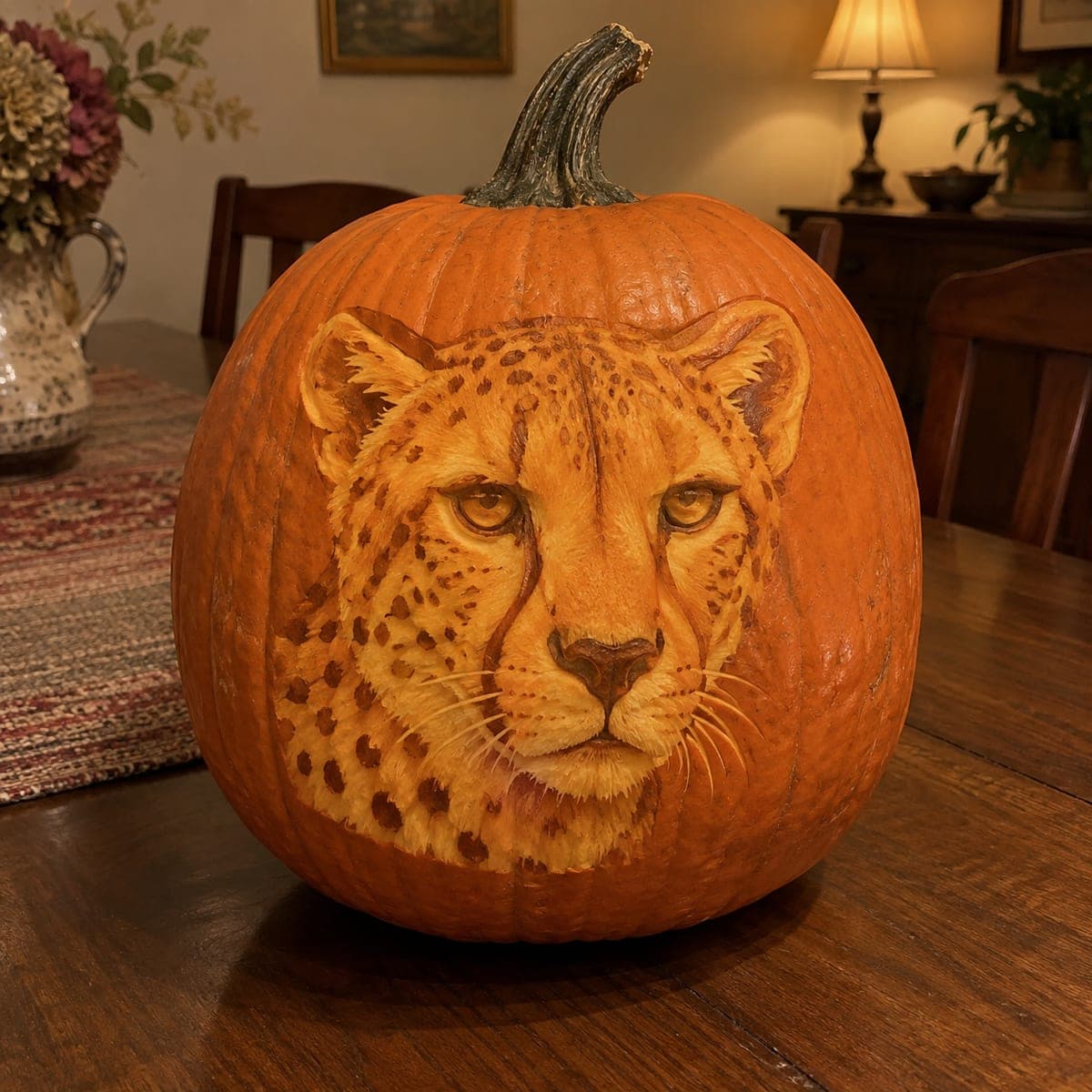 Cheetah Portrait Shaded Pumpkin with Spotted Fur
