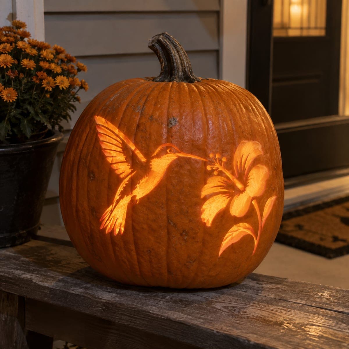 Hummingbird and Hibiscus Glowing Porch Pumpkin