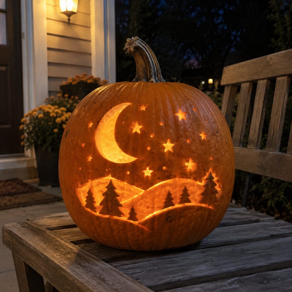 Moonlit Pine Forest Scene Pumpkin with Stars