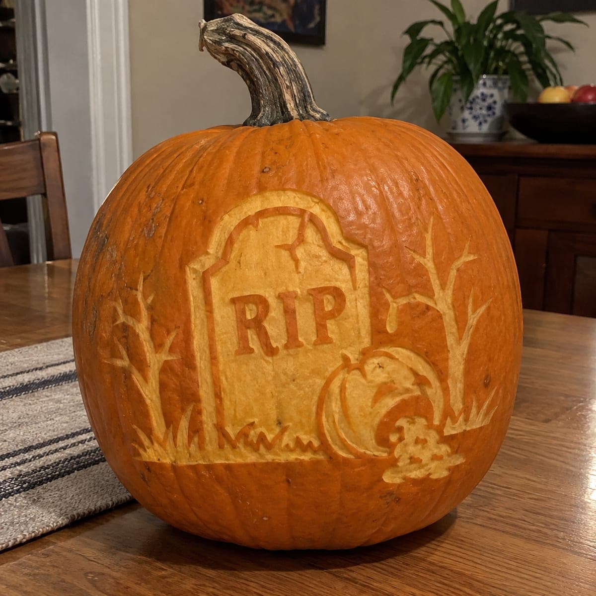 RIP Gravestone Scene Carved Pumpkin with Bare Trees